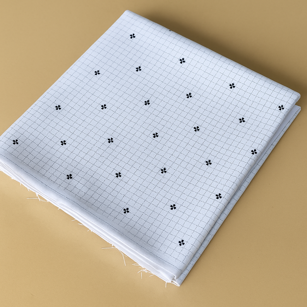 White Grid Print Shirt Fabric – Intricate Design - The Good Cloth