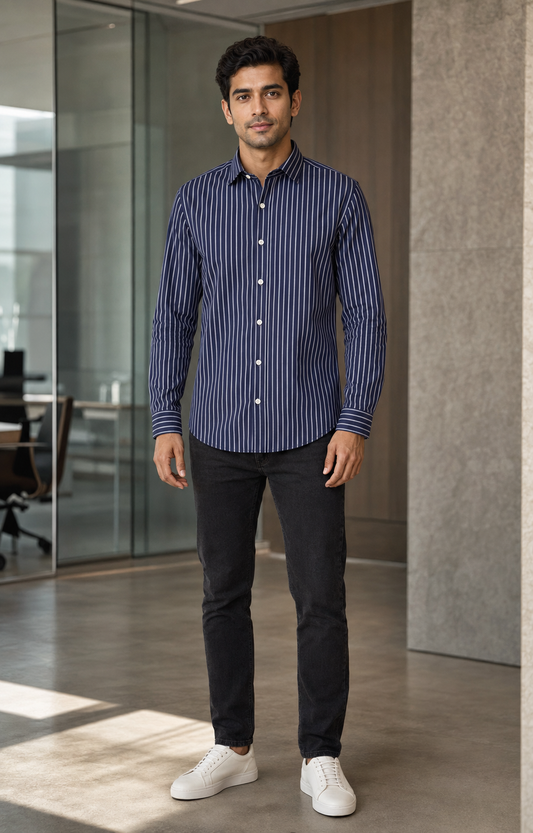 Premium Dark Blue Stripes Shirt for Men – Full Sleeve Regular Fit