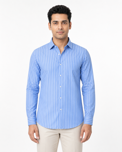 Premium Sky Blue Stripes Shirt for Men – Full Sleeve Regular Fit