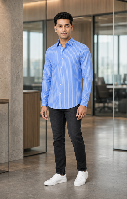 Premium Sky Blue Stripes Shirt for Men – Full Sleeve Regular Fit