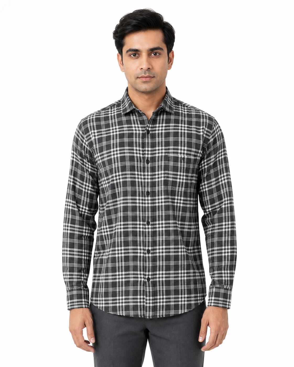 Premium Black Plaid Cotton Shirt for Men – Full Sleeve Regular Fit