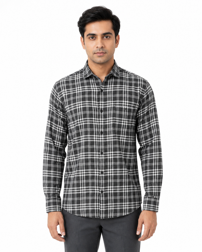 Premium Black Plaid Cotton Shirt for Men – Full Sleeve Regular Fit