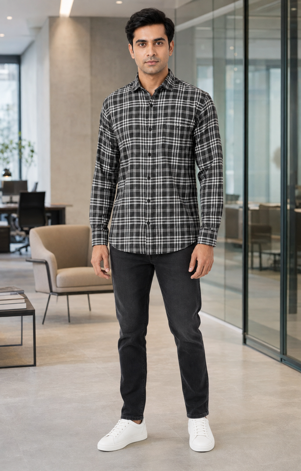 Premium Black Plaid Cotton Shirt for Men – Full Sleeve Regular Fit