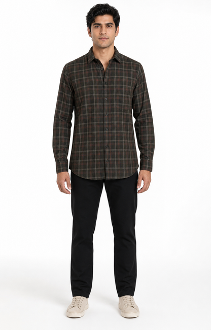 Premium Brown Plaid Cotton Shirt for Men – Full Sleeve Regular Fit
