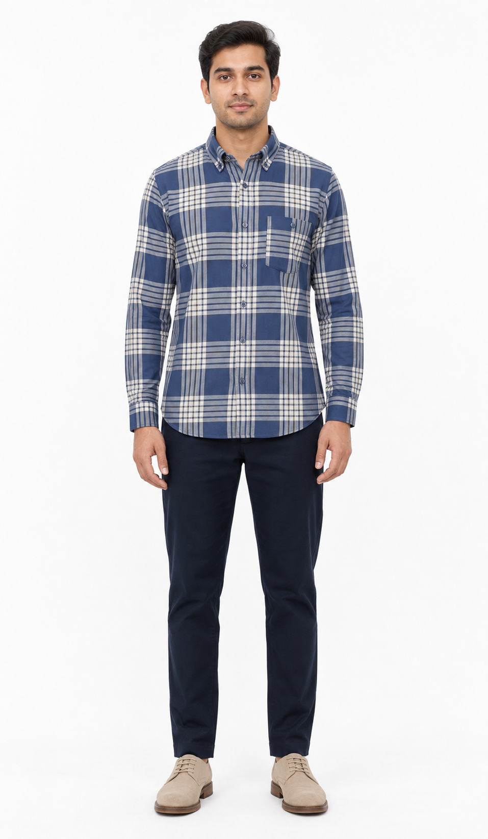 Premium Blue Plaid Cotton Shirt for Men – Full Sleeve Regular Fit