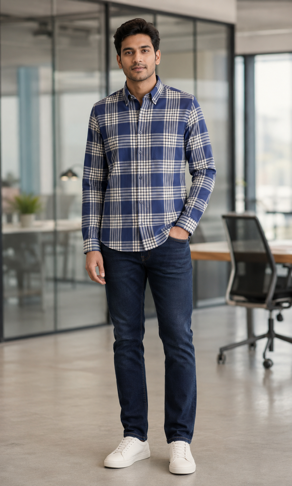 Premium Blue Plaid Cotton Shirt for Men – Full Sleeve Regular Fit