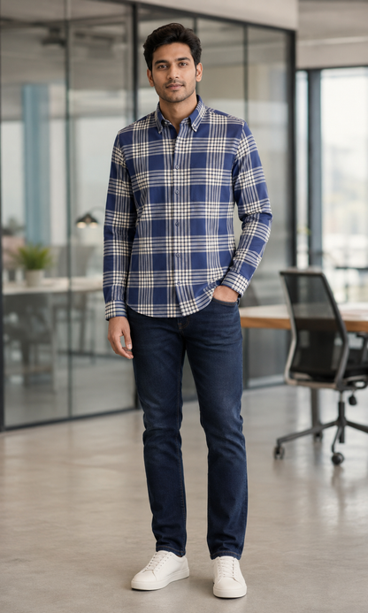 Premium Blue Plaid Cotton Shirt for Men – Full Sleeve Regular Fit