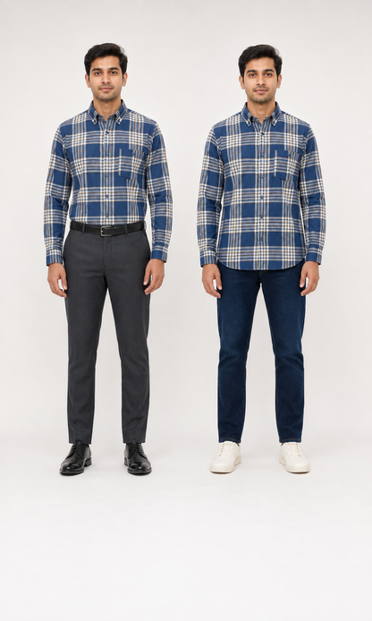 Premium Blue Plaid Cotton Shirt for Men – Full Sleeve Regular Fit