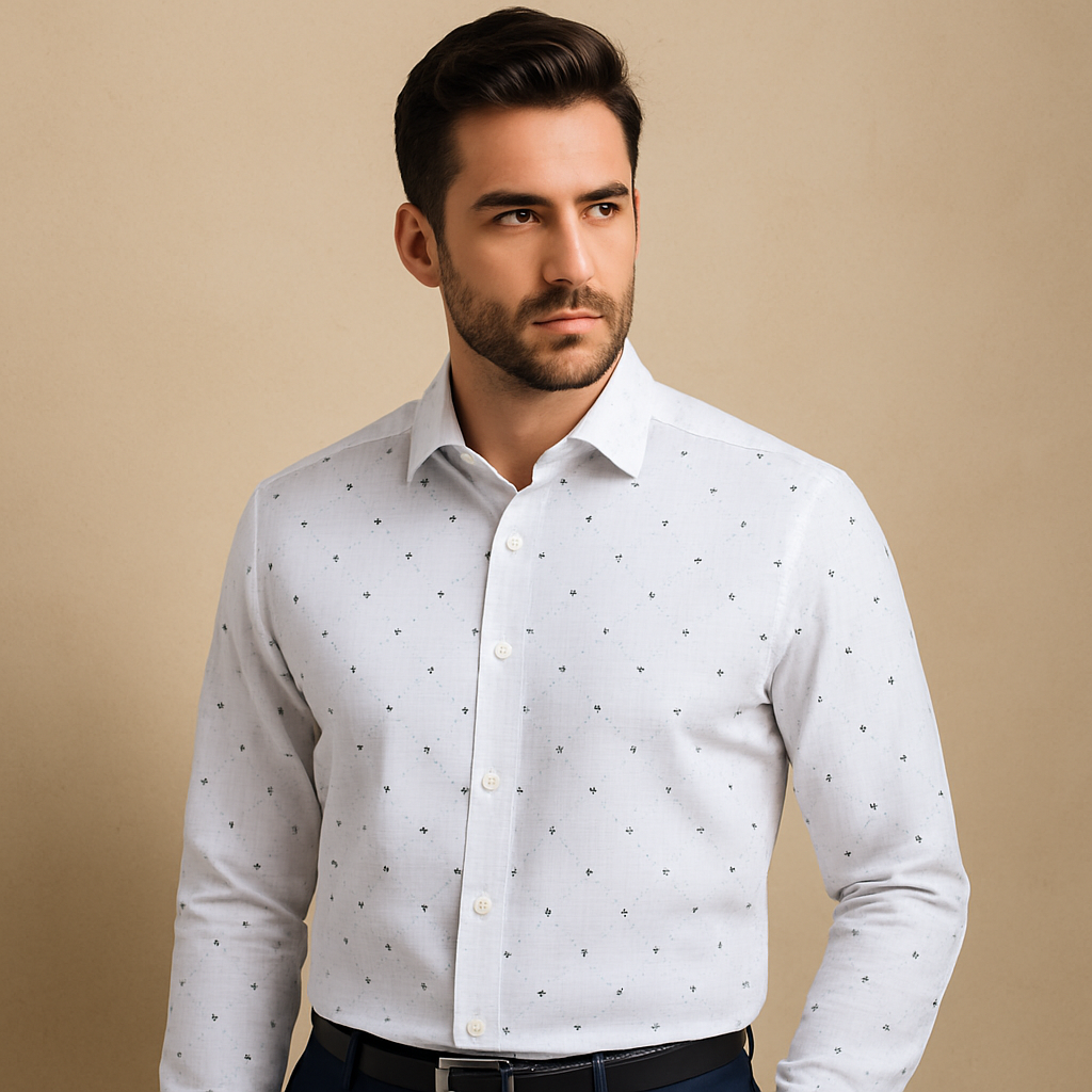 White Grid Print Shirt Fabric – Intricate Design - The Good Cloth